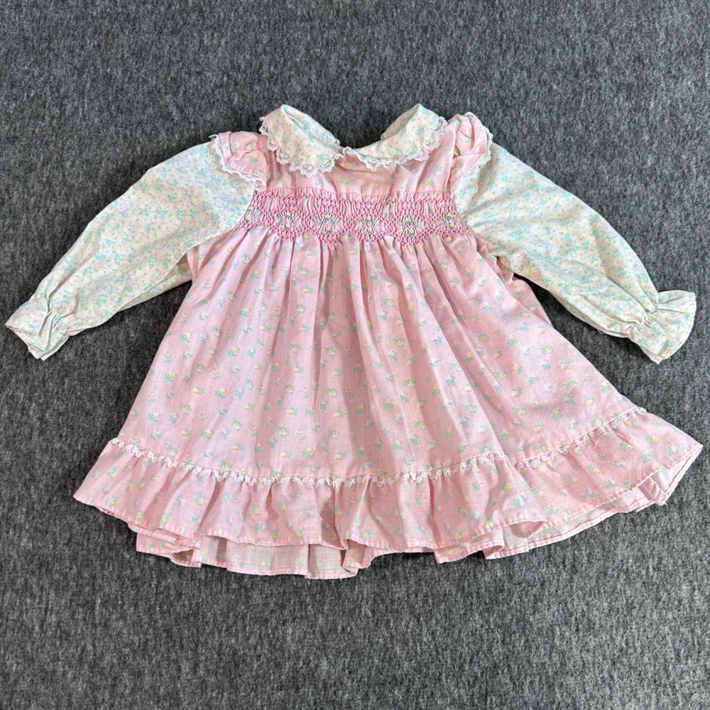 Vintage Polly Flinders Pink Floral Smocked Dress Lace Collar 9 Months
